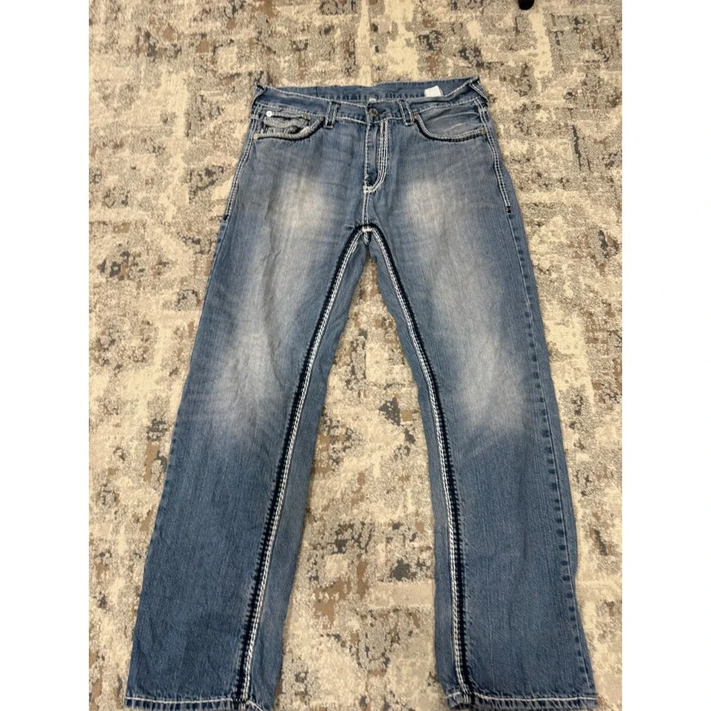 True Religion Straight Leg Jeans Mens 38 Medium‎ Wash White Contrast Stitch Y2K